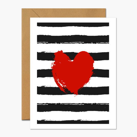 Brushed Heart on Black and White Stripes Valentine's Day Greeting Card | Footnotes Paper