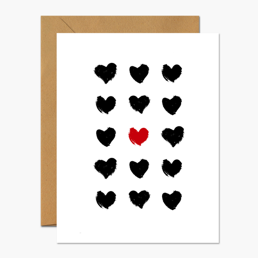 Black Hearts with One Red Heart Valentine's Day Greeting Card | Footnotes Paper