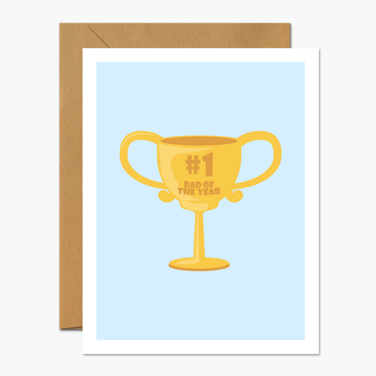 Greeting card with a yellow trophy on a blue background, featuring the text 'Number 1 Dad of the Year'.