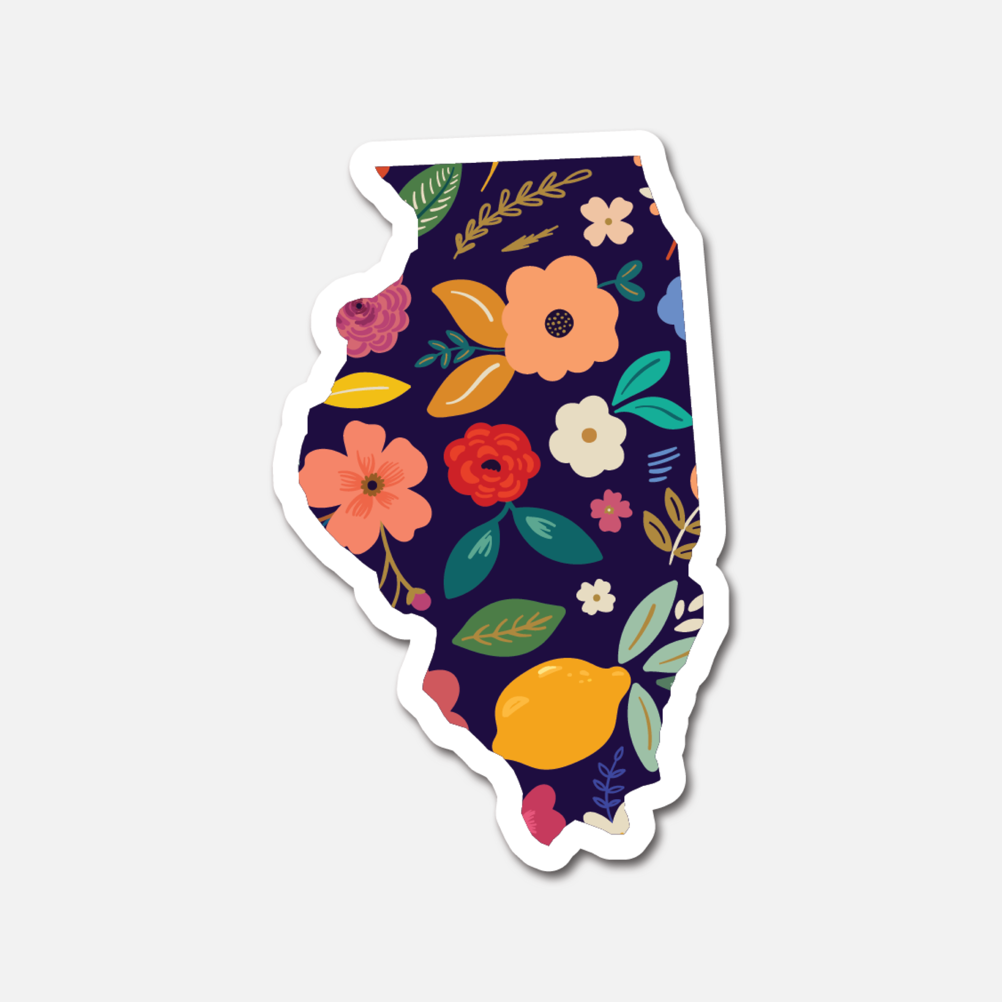 Illinois Navy Floral State Sticker featuring the state's outline and floral accents.