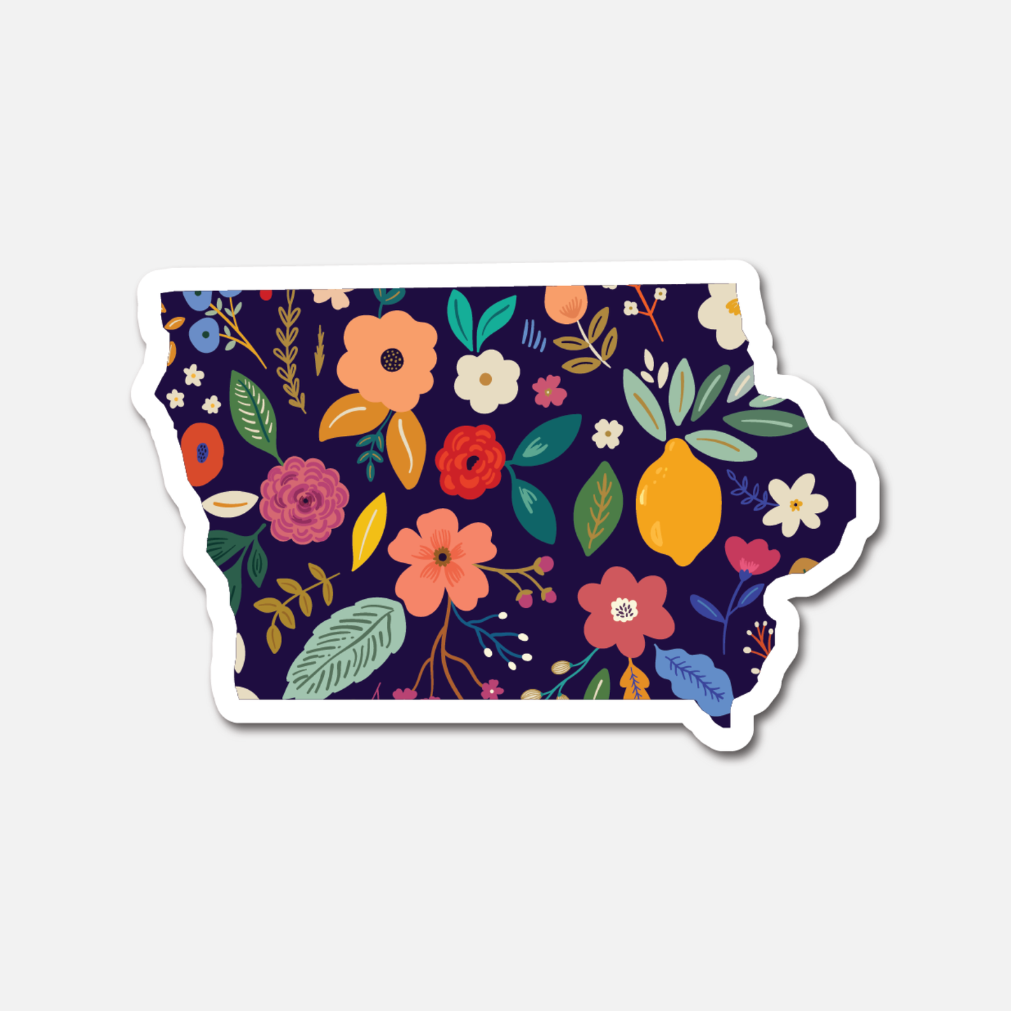 Iowa Navy Floral State Sticker featuring the state’s outline and floral designs.

