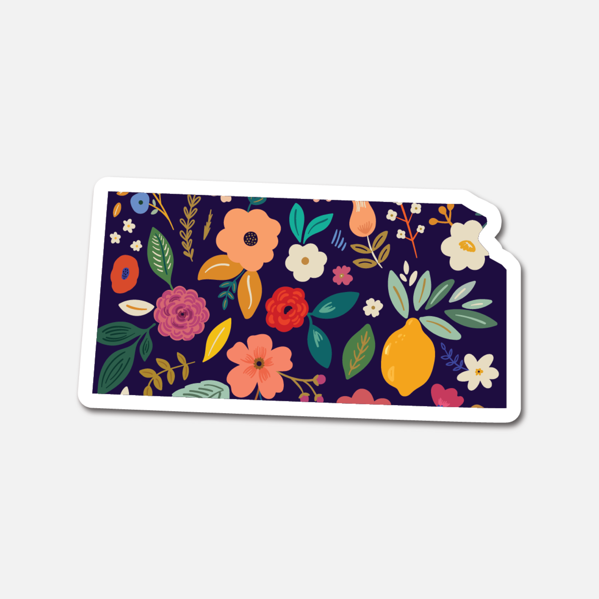 Kansas Navy Floral State Sticker featuring the state’s outline with floral designs.