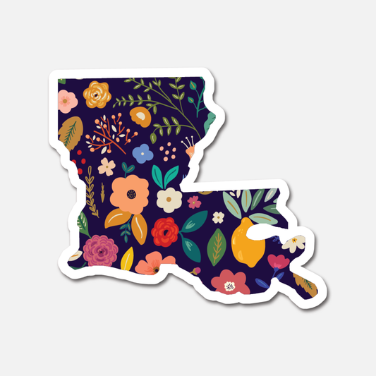 Louisiana Navy Floral State Sticker featuring the state’s outline with floral designs.