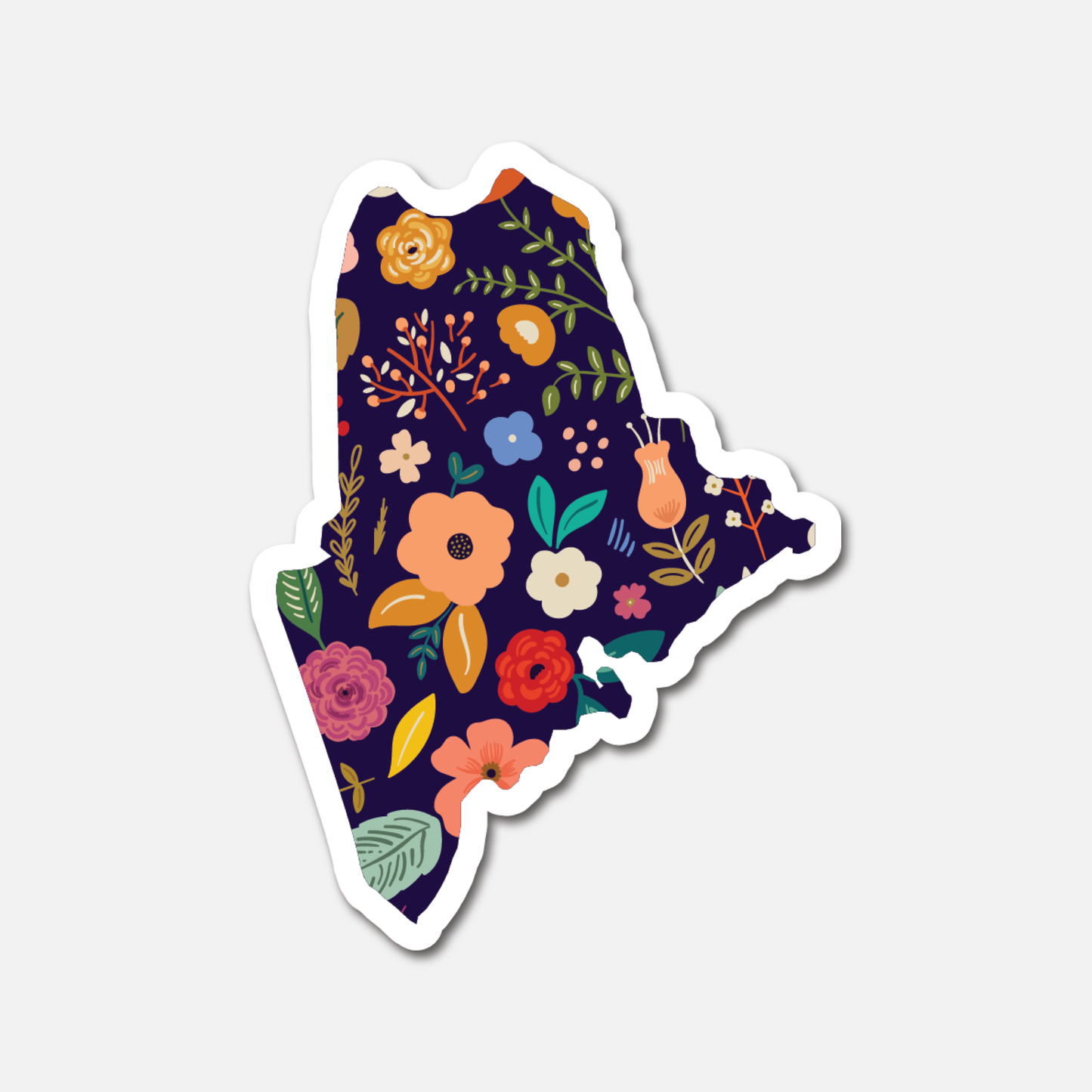 Maine Navy Floral State Sticker with the state’s outline and floral designs.