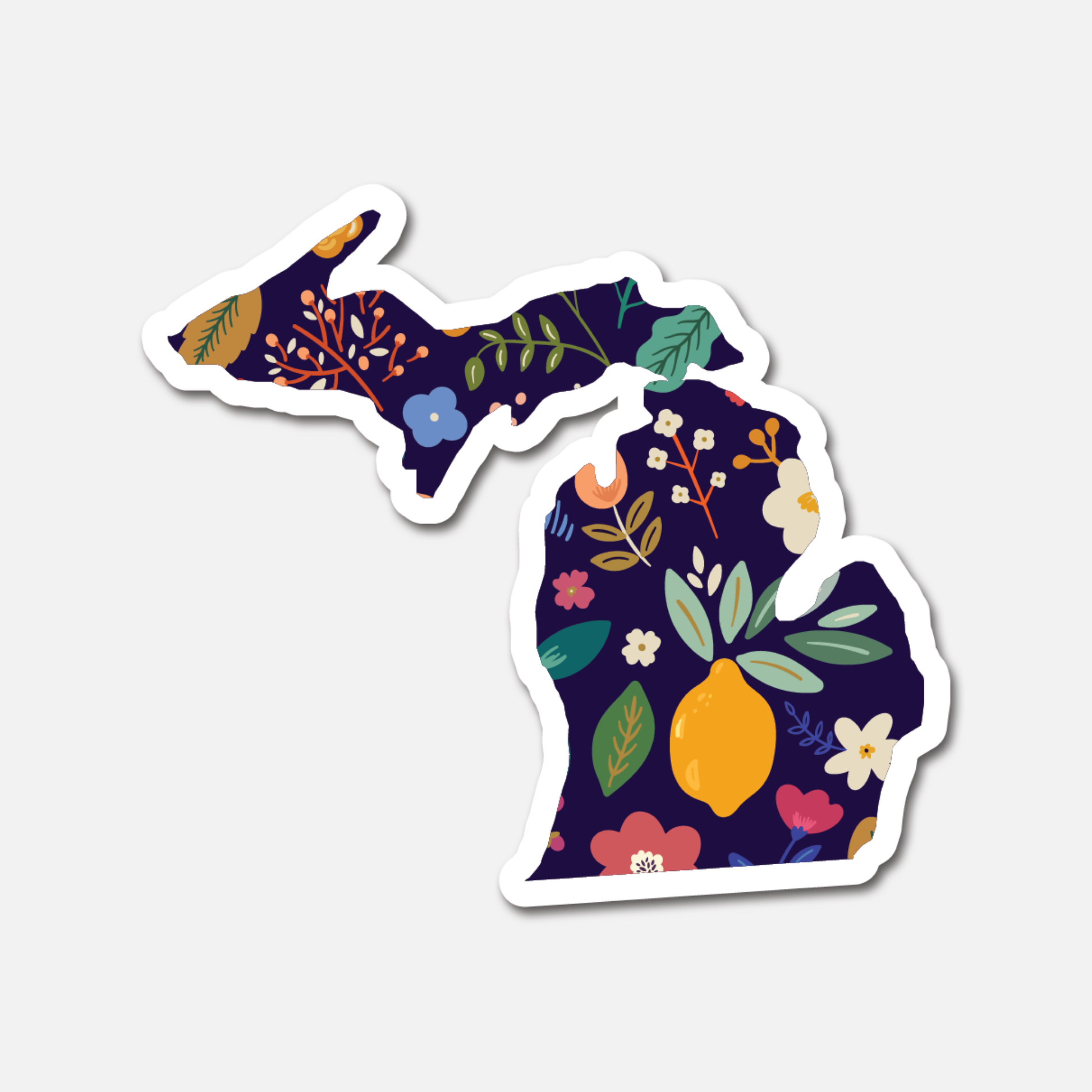 Michigan Navy Floral State Sticker with the state’s outline and floral designs.