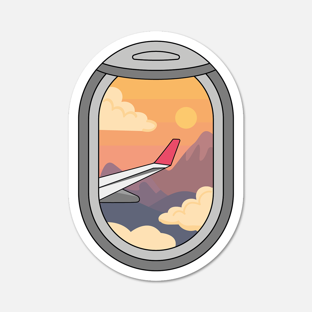 Illustration of an airplane wing seen through an airplane window with a sunset and mountains.