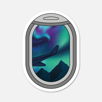 Illustration of a plane window view with aurora and mountains on a white background