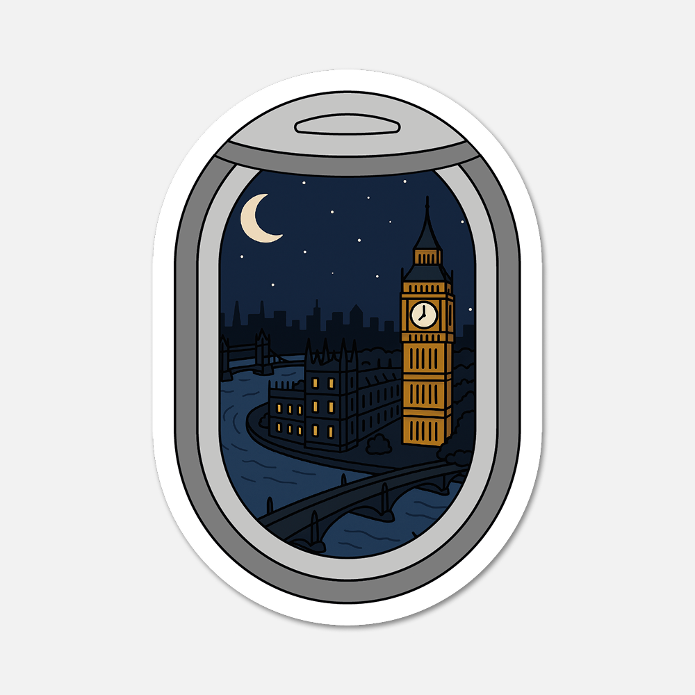 Vinyl sticker with an illustration of Big Ben at night, viewed through an airplane window.