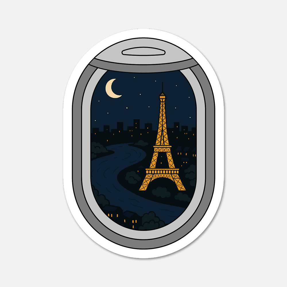 hand drawn waterproof vinyl airplane window eiffel tower paris france travel sticker on white background