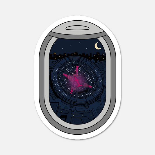 hand drawn waterproof vinyl airplane window concert from the sky travel sticker on white background