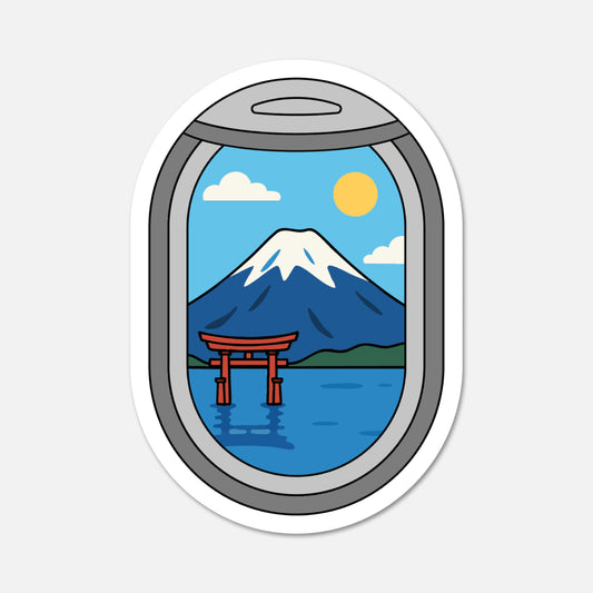 Illustration of a mountain and a torii gate seen through an airplane window on a white background