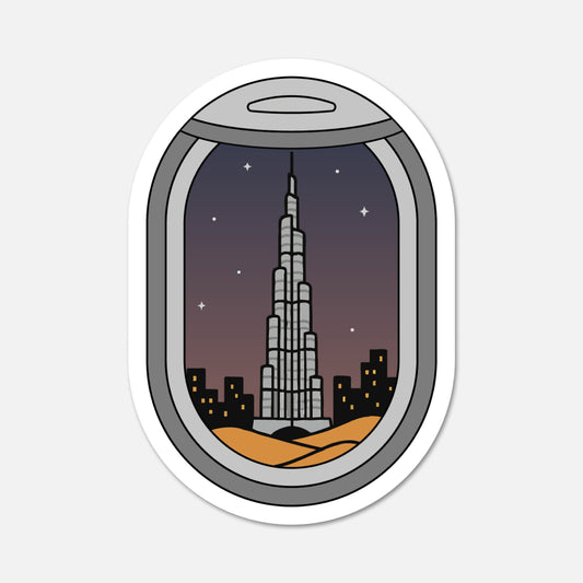 Sticker design of a skyscraper in Dubai viewed through a window with a starry night sky.