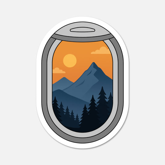 Illustration of a mountain landscape viewed through an airplane window with a sunset.