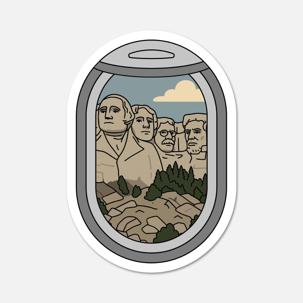 and drawn airplane window Mt. Rushmore South Dakota travel sticker on white background