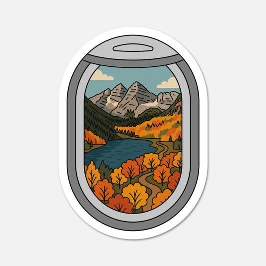 hand drawn airplane window Maroon Bells Colorado travel sticker on white background