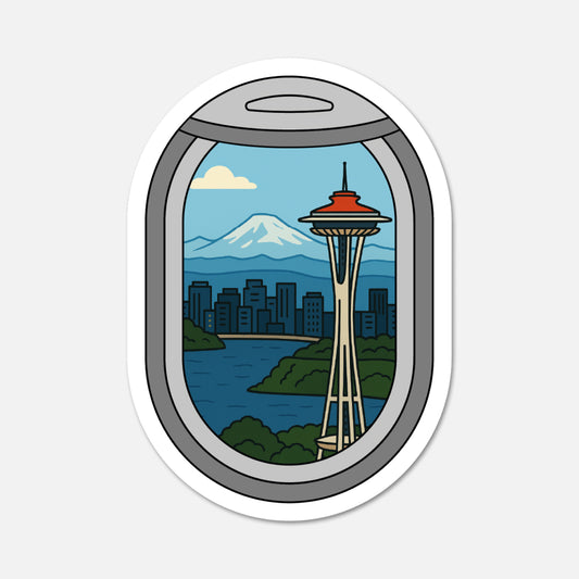 hand drawn airplane window Seattle Washington travel sticker on white background