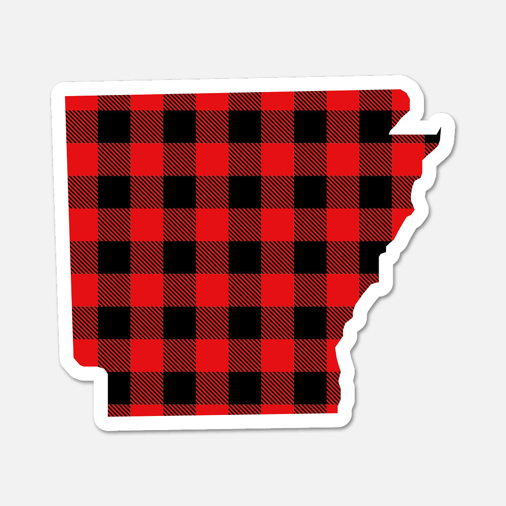 Red and black plaid pattern in the shape of a state on a white background