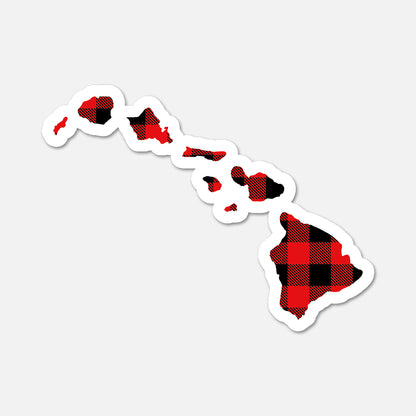 Red and black checkered sticker shaped like Hawaii on a white background