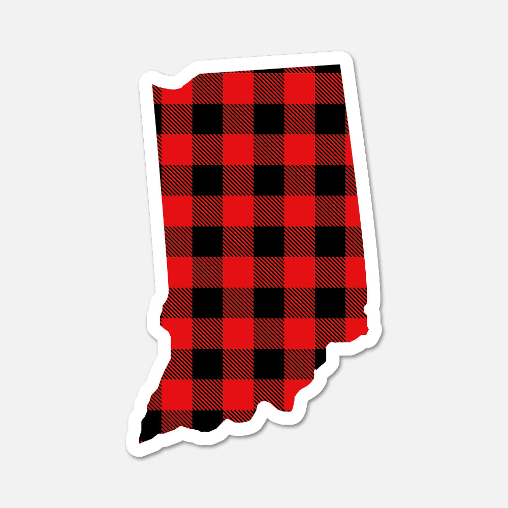 Red and black plaid patterned Indiana state shape on a white background