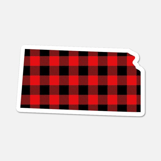 Red and black plaid patterned state of Kansas shape on a white background