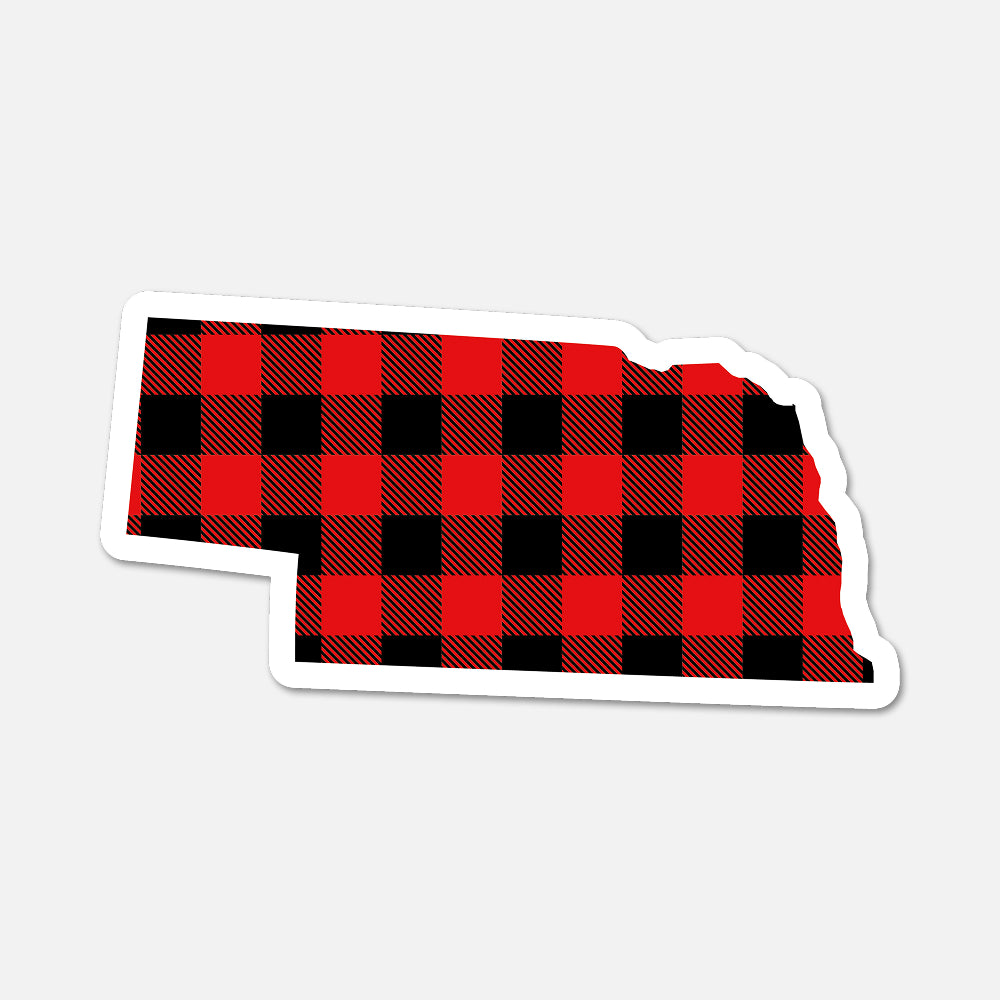 Red and black checkered pattern on a white outline of Nebraska