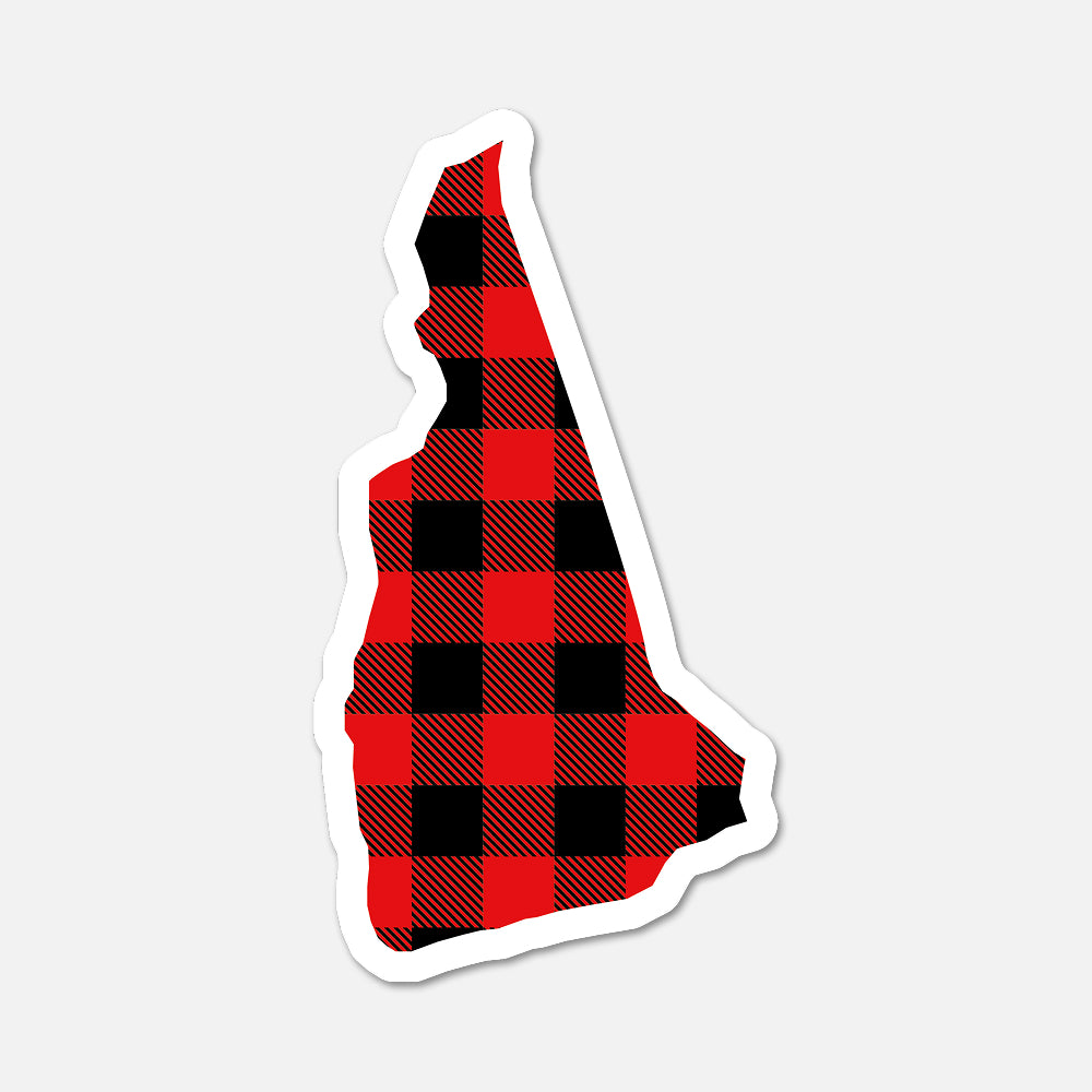 Red and black plaid patterned sticker shaped like New Hampshire on a white background