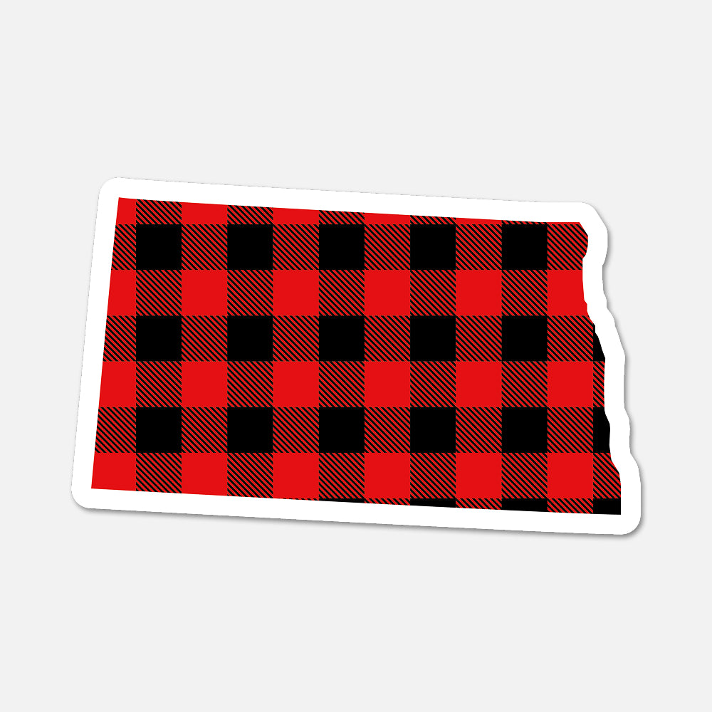 North Dakota US state sticker featuring a buffalo plaid pattern. Waterproof vinyl decal for everyday use.