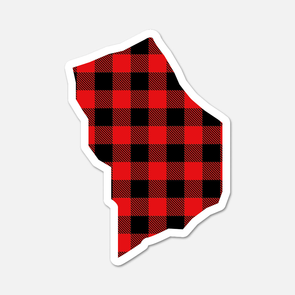 Red and black plaid patterned sticker with a white border on a light gray background