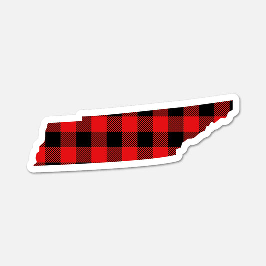 Red and black plaid patterned sticker shaped like the state of Tennessee on a white background