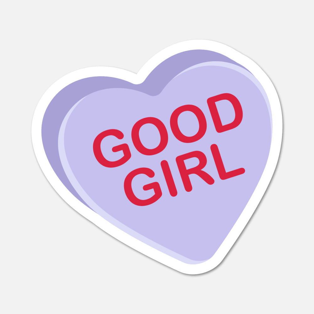 Heart-shaped sticker with 'GOOD GIRL' text on a light purple background