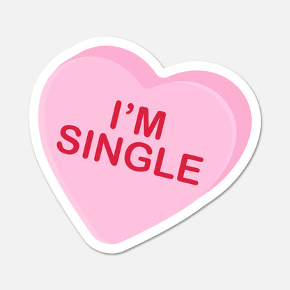 Heart-shaped pink sticker with 'I'M SINGLE' text on a light gray background
