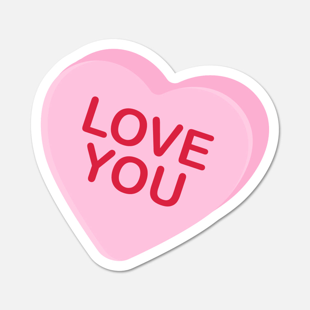 Heart-shaped pink sticker with 'LOVE YOU' text on a light gray background