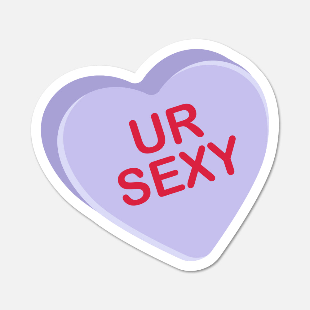 Heart-shaped sticker with 'UR SEXY' text on a light gray background
