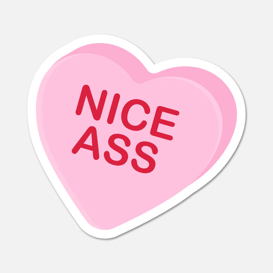 Heart-shaped pink sticker with red text on a light gray background
