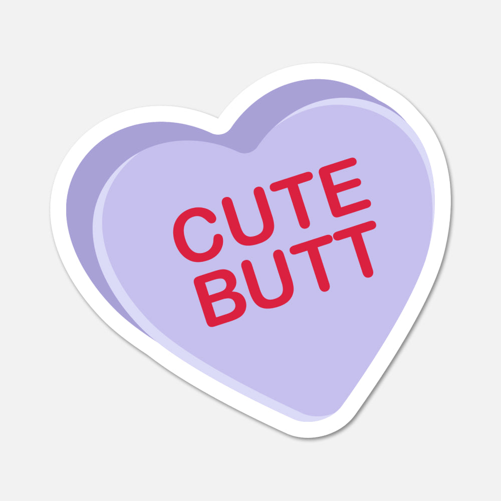 Heart-shaped sticker with 'CUTE BUTT' text on a light purple background