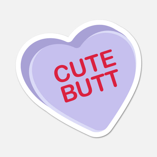 Heart-shaped sticker with 'CUTE BUTT' text on a light purple background