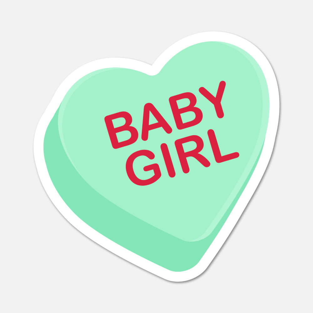 Heart-shaped sticker with 'BABY GIRL' text on a light gray background