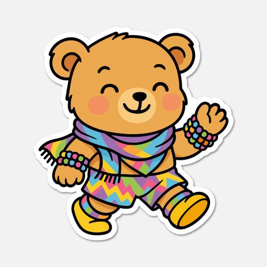 hand drawn Benedict Bear dancing at a rave sticker on white background