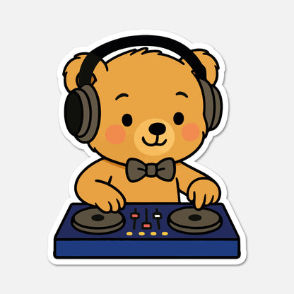 hand drawn Benedict Bear DJ at turntables sticker on white background