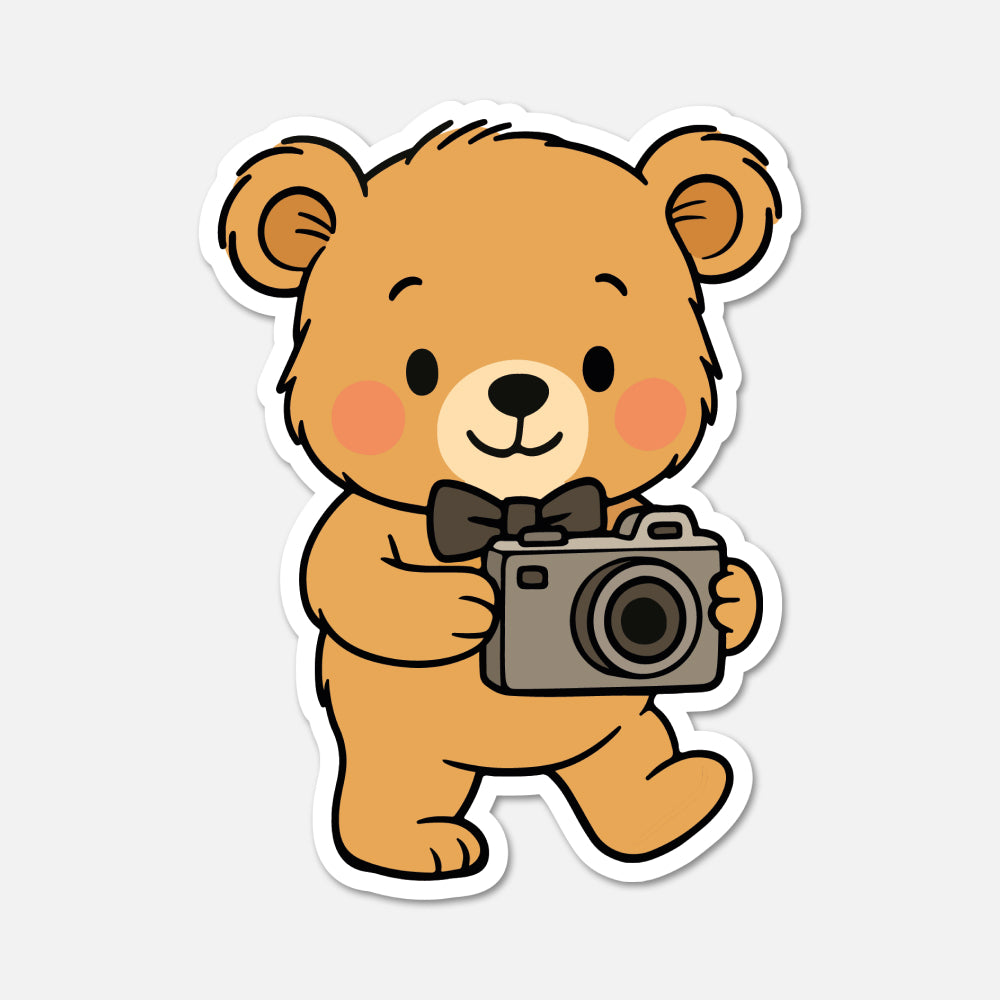 hand drawn Benedict Bear holding a camera sticker on white background