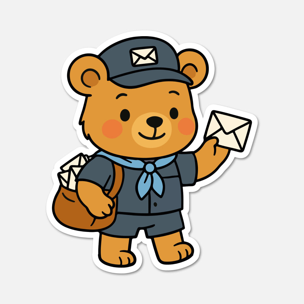 hand drawn Benedict Bear dressed as a postman sticker on white background