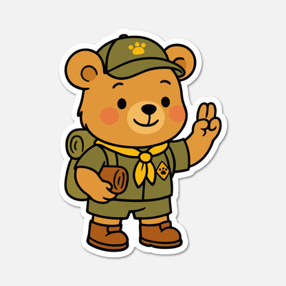 hand drawn Benedict Bear dressed as a scout sticker on white background