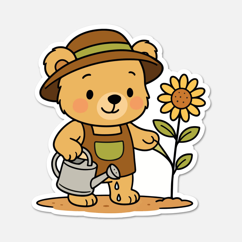 hand drawn Benedict Bear gardener with flowers sticker on white background