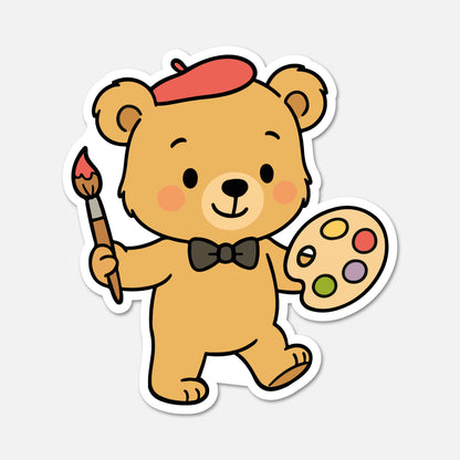hand drawn Benedict Bear artist with art supplies sticker on white background