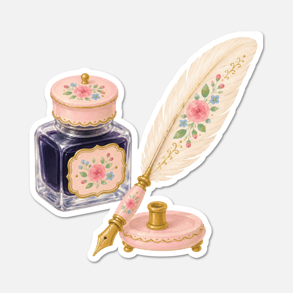 hand drawn pink vintage ink bottle and feather quill floral sticker on white background
