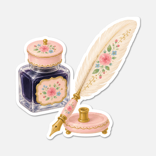 hand drawn pink vintage ink bottle and feather quill floral sticker on white background