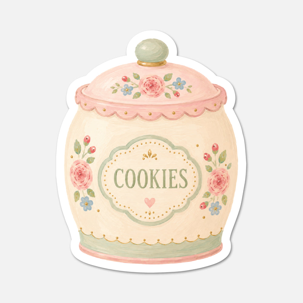 hand drawn vintage cookie jar with pink flowers sticker on white background