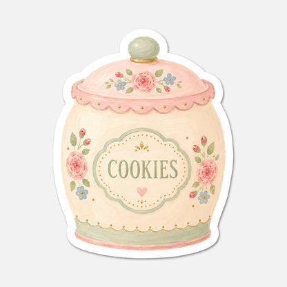 hand drawn vintage cookie jar with pink flowers sticker on white background