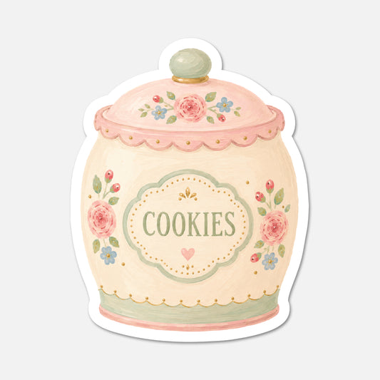 hand drawn vintage cookie jar with pink flowers sticker on white background