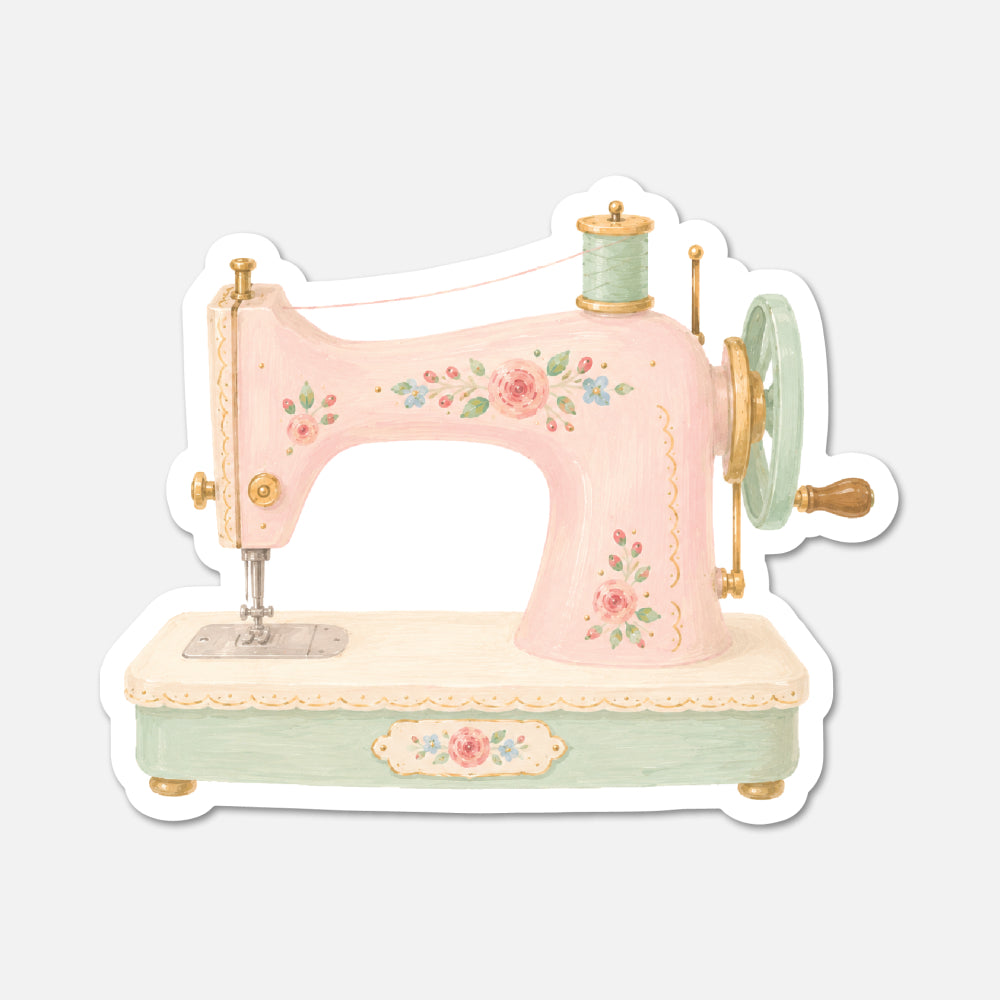 hand drawn vintage sewing machine with pink flowers sticker on white background